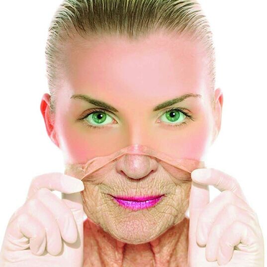 An adult woman eliminates facial wrinkles with home remedies